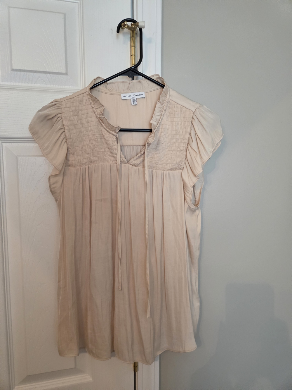 Cream Smocked Cap-Sleeve Tie-Neck Blouse